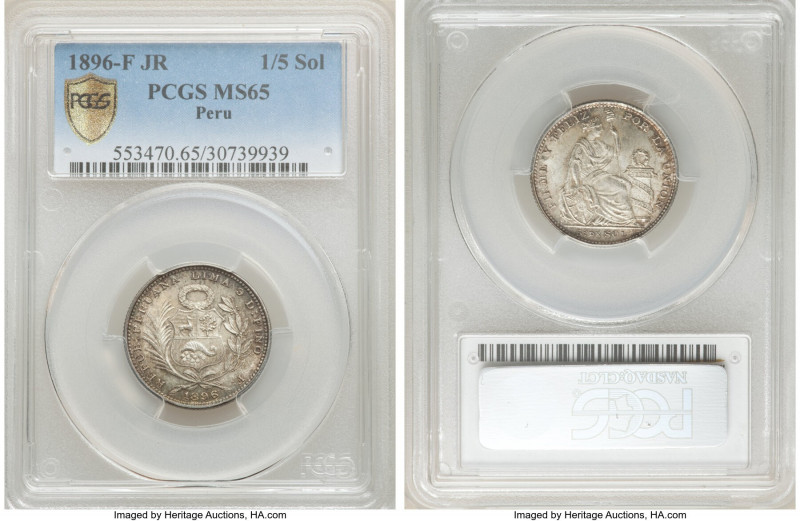 Republic Pair of Certified Assorted Sols, 1) 1/5 Sol 1896 F-JR - MS65 PCGS, Lima...
