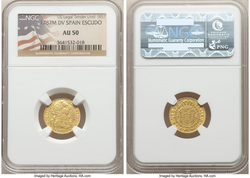 Charles III gold Escudo 1787 M-DV AU50 NGC, Madrid mint, KM416.2a. 

HID098012...