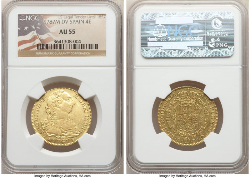Charles III gold 4 Escudos 1787 M-DV AU55 NGC, Madrid mint, KM418.1a. AGW 0.3809...