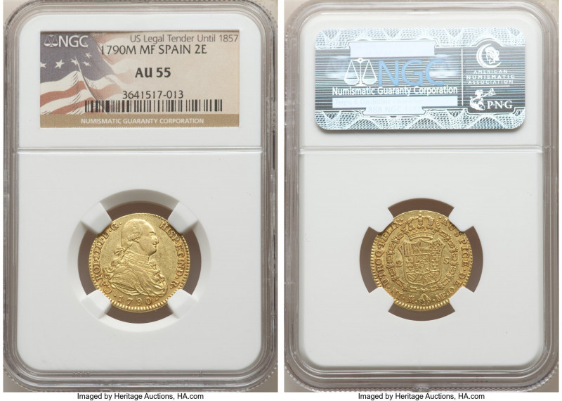 Charles IV gold 2 Escudos 1790 M-MF AU55 NGC, Madrid mint, KM435.1. AGW 0.1904. ...