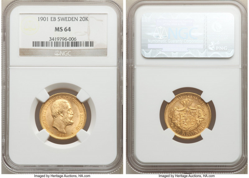 Oscar II gold 20 Kronor 1901-EB MS64 NGC, KM765. AGW 0.2593 oz. 

HID098012420...