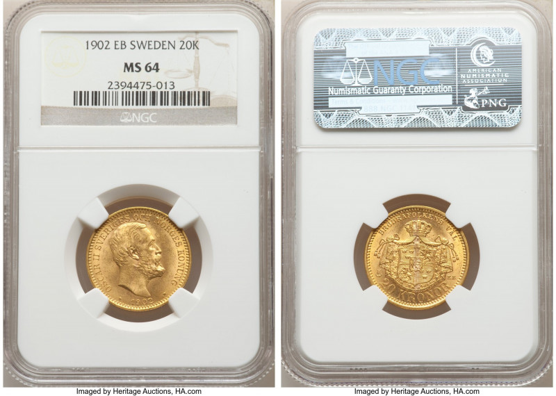 Oscar II gold 20 Kronor 1902-EB MS64 NGC, KM765. AGW 0.2593 oz. 

HID098012420...