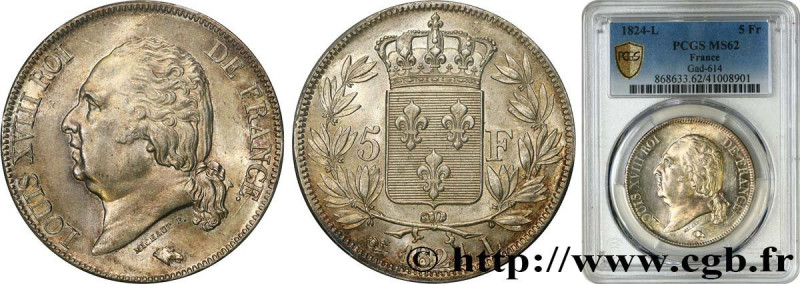 LOUIS XVIII
Type : 5 francs Louis XVIII, tête nue 
Date : 1824 
Mint name / Town...