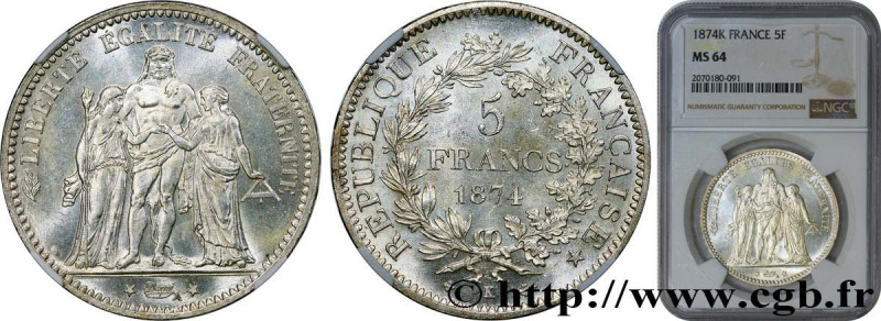 III REPUBLIC
Type : 5 francs Hercule 
Date : 1874 
Mint name / Town : Bordeaux 
...