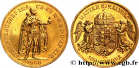 HUNGARY - KINGDOM OF HUNGARY - FRANCIS-JOSEPH I
Type : 100 Korona 
Date : 1908 
Mint name / Town : Kremnitz 
Quantity minted : 4038 
Metal : gold 
Mil...