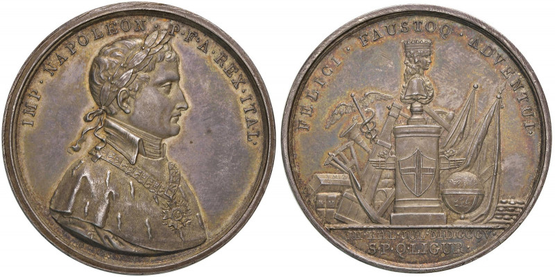 Medaglia 1805 Napoleone a Genova - D/ IMP. NAPOLEON. P. F. A. REX. ITAL. Busto l...