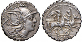 Anonime - Denario (Zecca siciliana, 209-208 a.C.) Testa di Roma a d. - R/ I Dioscuri a cavallo a d., sotto, Roma e simbolo ruota - Cr. 79/1 AG (g 4,19...