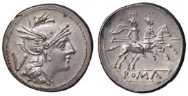 Anonime - Quinario (dopo il 211 a.C.) Testa di Roma a d. - R/ I Dioscuri a cavallo a d., sotto, ROMA in rilievo - Cr. 44/6 AG (g 2,12) 
qFDC
