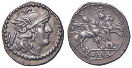 Anonime - Quinario lettera Q (Apulia, dopo il 211-210 a.C.) Testa di Roma a d. - R/ I Dioscuri a cavallo a d., sotto, Q - Cr. 102/2a AG (g 2,31) 
SPL