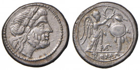 Anonime - Vittoriato (211-208 a.C., zecca campana) Testa di Giove a d., sotto, MP in monogramma - R/ La Vittoria incorona un trofeo - Cr. 93/1 AG (g 3...