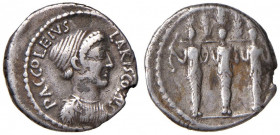 Accoleia - P. Accoleius Lariscolus - Denario (43 a.C.) Busto di Acca Larentia a d. - R/ Le tre statue delle ninfe Querquetulanee - B. 1; Cr. 486/1 AG ...