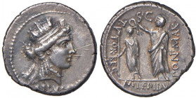 Aemilia - M. Aemilius Lepidus - Denario (58 a.C.) Testa turrita di Alessandria a d. - R/ Lepido togato stante a s. incorona Tolomeo stante di fronte -...