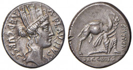 Plautia - A. Plautius - Denario (55 a.C.) Testa di Cibele a d. - R/ Il re Bacchio genuflesso a d. - B. 13; Cr. 431/1 AG (g 3,95)
SPL