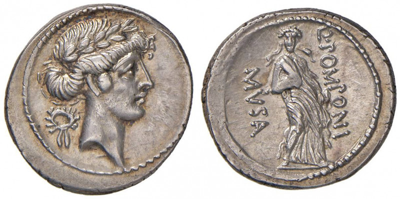 Pomponia - Q. Pomponius Musa (66 a.C.) Denario - Testa di Apollo a d. - R/ Polym...