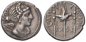 Valeria - C. Valerius Flaccus - Denario (82 a.C.) Busto della Vittoria a d. - R/ Aquila legionaria tra insegne militari - B. 12; Cr. 365/1 AG (g 3,58)...