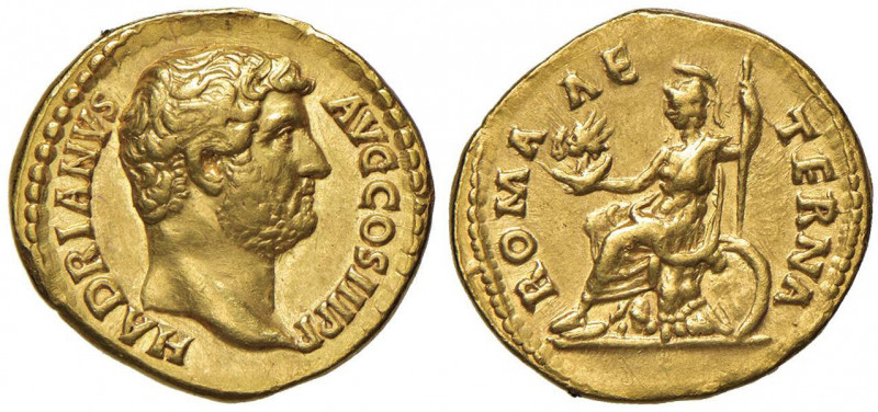 Adriano (117-138) Aureo - Testa a d. - R/ ROMA AETERNA, Roma seduta a s. con le ...