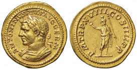 Caracalla (198-217) Aureo - Busto laureato a s. - R/ Serapide stante a s. - RIC 263 var. (per avere il busto a d.); Calicò manca AU (g 6,60) RRRR Prov...