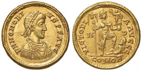 Onorio (393-423) Solido (Mediolanum) - Busto diademato a d. - R/ L’imperatore stante a d. calpesta un nemico - RIC 1206 AU (g 4,38)
qSPL