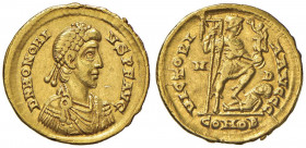 Onorio (393-423) Solido (Mediolanum) - Busto diademato a d. - R/ L’imperatore stante a d. calpesta un nemico - RIC 1206 AU (g 4,43) Minimo graffietto ...