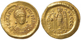 BISANZIO Anastasio I (491-518) Solido - Busto elmato - R/ La Vittoria stante con lunga croce a d. - Sear 5 AU (g 4,45) Leggeri ritocchi sul bordo
BB