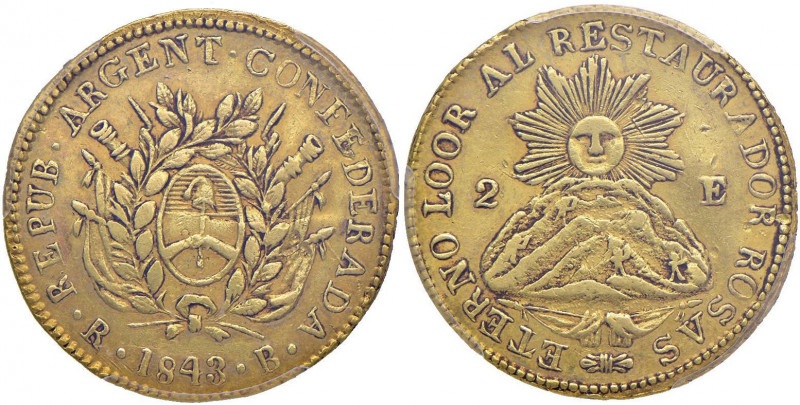 ARGENTINA La Rioja 2 Escudos 1843 RB - KM 17; Fr. 12 AU R In slab PCGS AU50 1581...