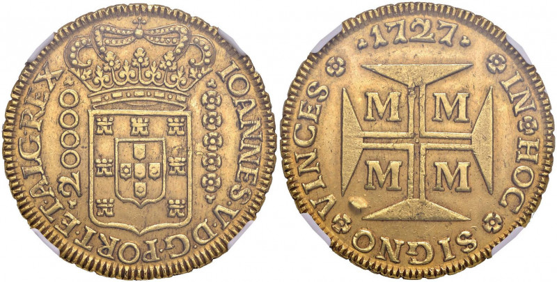 BRASILE Joao V (1706-1750) 20.000 Reis 1727 M - Fr. 33 AU (g 53,40) RR In slab N...