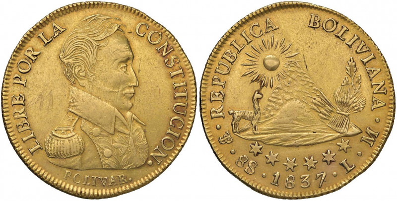 BOLIVIA 8 Escudos 1837 LM - KM 99 AU (g 27,01) Graffi al D/. Colpi al bordo
BB