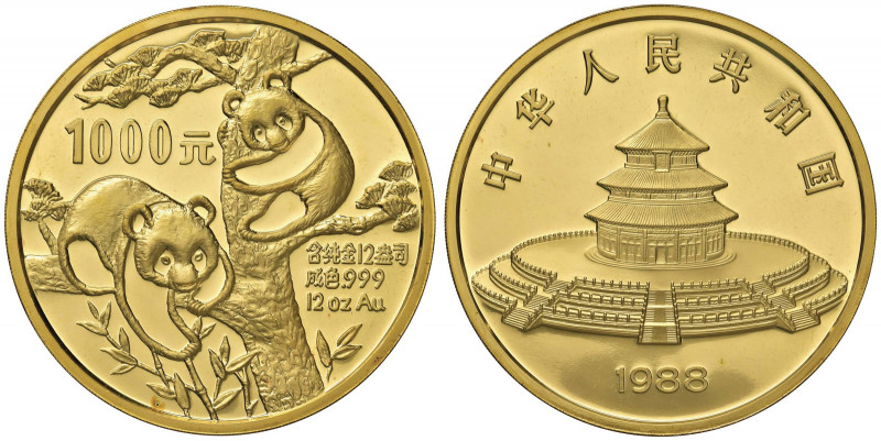 CINA Repubblica Popolare - 1.000 Yuan 1988 - AU (12 oz) Tiratura di 3.000 esempl...