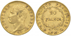 FRANCIA Napoleone (1804-1814) 20 Franchi A. 13 Q - Gad. 1022 AU (g 6,40) RR Coniati appena 522 esemplari.
qSPL