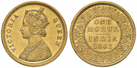 INDIA Vittoria (1837-1901) Mohur 1862 - Fr. 1598 AU (g 11,64) Lungo il bordo minimi colpetti di lima (?) ma bell’esemplare 
SPL