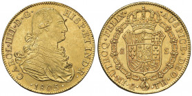 MESSICO Carlo IV (1788-1808) 8 Escudos 1805 - Fr. 43 AU (g 2,06) Piccole mancanze e colpetti al bordo ma bei fondi lucenti 
BB+/SPL