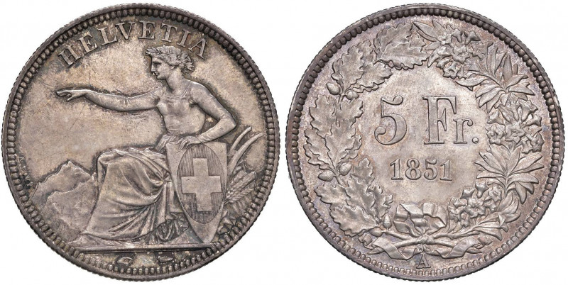 SVIZZERA Confederazione - 5 Franchi 1851 - AG (g 25,14 sic) Conservazione eccezi...