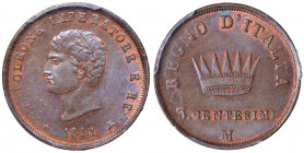 Napoleone (1804-1814) Milano - 3 Centesimi 1811 - Gig. 228 CU In slab PCGS MS64BN 406365.64/33548389. Splendido esemplare in rame rosso. Minimo graffi...