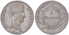 Napoleone (1804-1814) Torino - 5 Franchi 1807 - Gig. 25 AG (g 24,70) RR Colpetti al bordo e graffietti
MB+