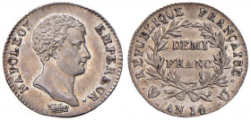 Napoleone (1804-1814) Torino - Mezzo franco A. 14 - Gig. 52 AG (g 2,49) RRR Esemplare di qualit&agrave; eccezionale con i fondi a tratti speculari
SP...