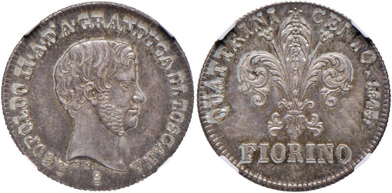 FIRENZE Leopoldo II (1824-1859) Fiorino 1843 - MIR 453/1 AG In slab NGC MS64 588...