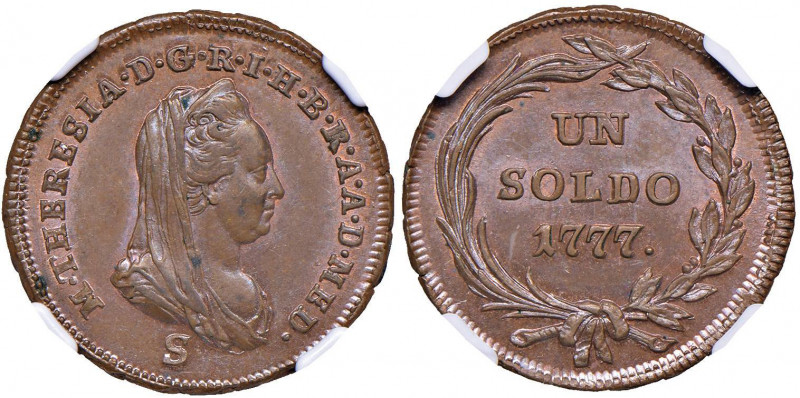 MILANO Maria Teresa (1740-1780) Soldo 1777 S - MIR 440/1 CU In slab NGC MS64BN 2...