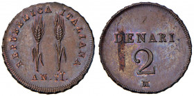 MILANO Repubblica italiana (1802-1805) Progetto del denari 2 A. II Bordo a serpentina - Crippa 11 CU (g 3,20) R Screpolatura superficiale al R/
FDC