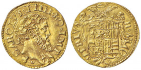 NAPOLI Carlo V (1516-1554) Ducato sigla IBR dietro la testa, sotto la testa, foglia e cerchietto - Magliocca 20 AU (g 3,35) RR Modesta ribattitura al ...