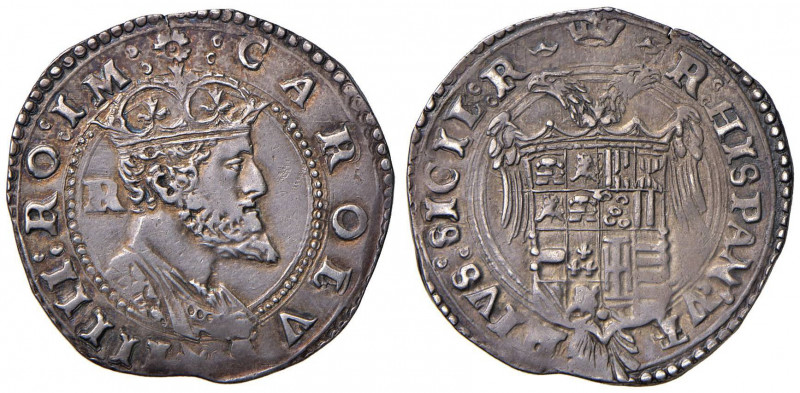 NAPOLI Carlo V (1516-1554) Tarì con sigla R dietro la testa - Magliocca 34/3 AG ...