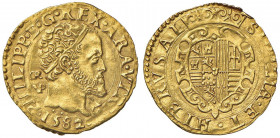 NAPOLI Filippo II (1554-1598) Scudo d’oro 1582 sigle GR VP dietro la testa e due globetti sotto il collo - Magliocca 9/1a AU (g 3,35) RRR Esemplare di...