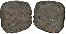 NAPOLI Filippo IV (1621-1665) Grano 1637 sigle GA/C - Magliocca 69 CU (g 10,32) RRRRR Esemplare estremamente raro, Filippo IV ha il tosone appeso al c...