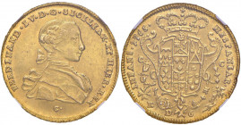 NAPOLI Ferdinando IV (1759-1816) 6 Ducati 1765 sigla G, 5 ribattuto su 4 - Magliocca 193a AU (g 8,81) R In slab NGC MS64 5887104-046. Splendido esempl...