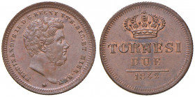 NAPOLI Ferdinando II (1830-1859) 2 Tornesi 1842 - Magliocca 734 CU (g 6,92) Rame rosso
FDC