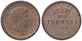NAPOLI Ferdinando II (1830-1859) 2 Tornesi 1857 - Magliocca 745 CU (g 6,69) Mancanza di metallo al bordo 
qFDC