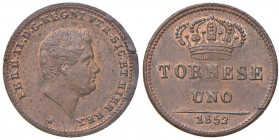 NAPOLI Ferdinando II (1830-1859) Tornese 1852 - Magliocca 779 CU (g 3,18) Mancanza di metallo al bordo, graffietto sulla guancia 
qFDC