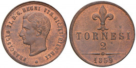 NAPOLI Francesco II (1859-1860) 2 Tornesi 1859 - Magliocca 812 CU (g 6,39) Rame rosso, minimo graffietto sulla guancia
FDC