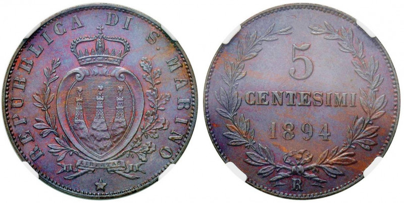 SAN MARINO 5 Centesimi 1894 - CU R In slab NGC MS67BN 2070410-073. Conservazione...