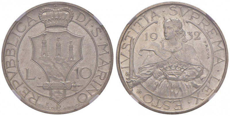SAN MARINO 10 Lire 1932 Prova - AG (g 10,03) RR In slab NGC MS67 5887104-052 
F...