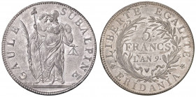 TORINO Repubblica Subalpina (1800-1802) 5 Franchi A. 9 - Gig. 3 AG (g 24,94) R Bell’esemplare dai fondi brillanti
qFDC